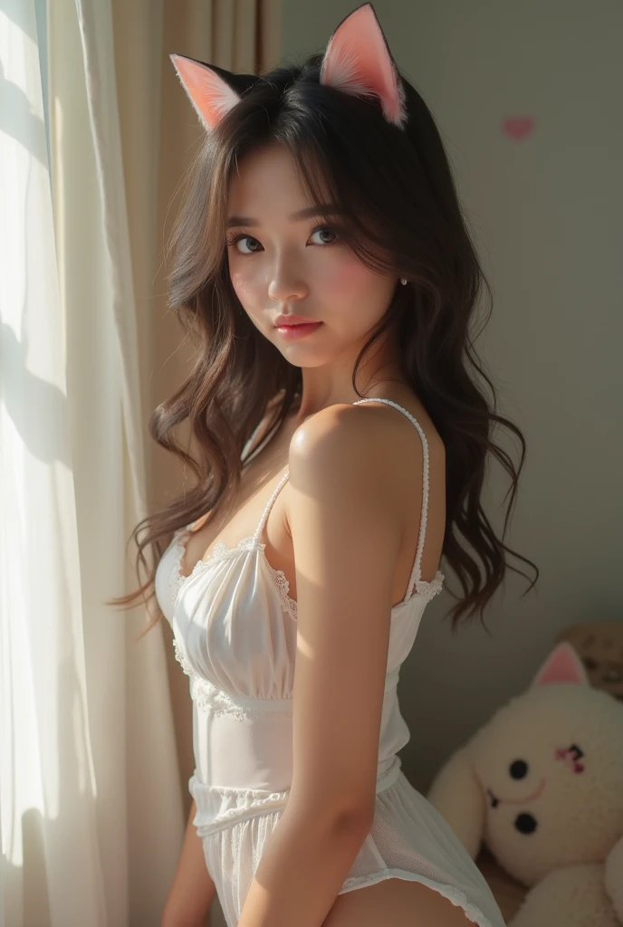 solo, finest image, sexy beautiful woman, amorous expression, lewd expression, light brown glossy iridescent hair, great proportion, pure white long dress, professional lighting