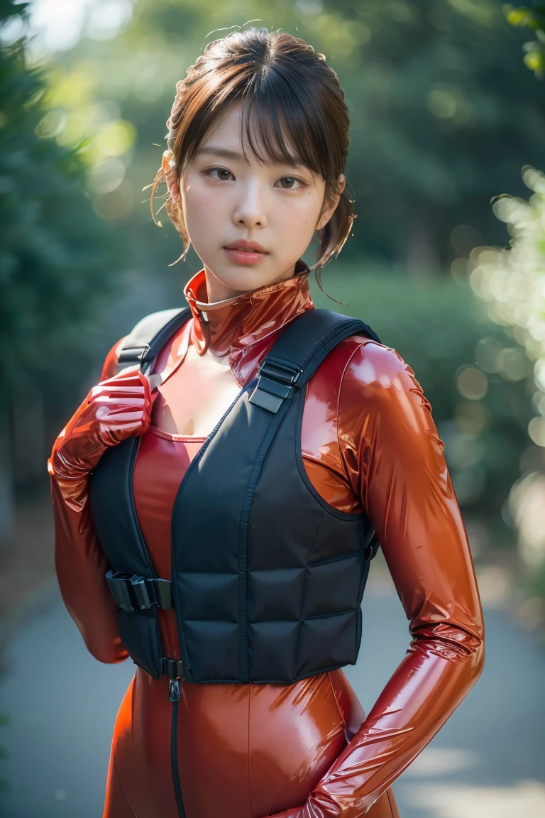 (( best quality,8k,超 High Resolution ,masterpiece: 1.3)), (( best quality)), Realistic,  Transparent , Realistic,  High Resolution , Brave Japanese girl , Combat pose, Looking at the camera, (Detailed face), short hair, ( wearing a red rubber suit,  tactical vest , Military Harness, Blue gloves,  tech headset ), ( fabric color is red 、that&#39;Black base .), Exposed thighs, gun,  fingers blocked ,   detailed background of electrical work boards  ,Earth Federation Force emblem ,Beautiful breasts, with open chest zipper ,Beautiful valley