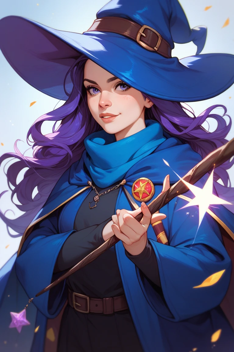 witch girl,  long straight purple hair, holding a wand, blue coat, blue scarf, harry potter