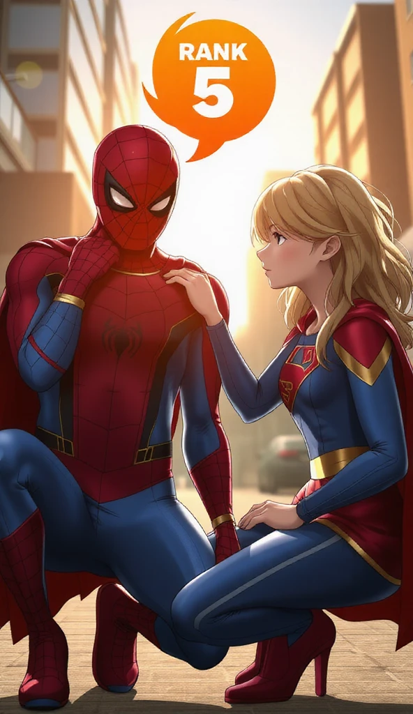 A semi-realistic and slightly stylized image of a heartfelt moment between a young Spider-Man and Supergirl, set on a sunlit urban street. The image is 70% stylized and 30% realistic, emphasizing soft, expressive features and warm lighting to convey emotion while maintaining detailed textures and vibrant colors.

On the left, the like Spider-Man is dressed in his classic red-and-blue suit, complete with a black spider emblem on his chest and intricate web patterns across the fabric. The suit’s texture is finely detailed, resembling flexible, lightweight material. His red cape drapes softly behind him, adding a heroic yet vulnerable touch. Tears stream from his large, expressive blue eyes as he clutches his mask to his face, his downturned lips and furrowed brow conveying sadness and helplessness.

To his right, Supergirl kneels beside him, offering comfort with a gentle hand on his shoulder. She is dressed in her iconic blue-and-red costume, featuring a bold "S" emblem on her chest, a flowing red cape, and a golden belt that accentuates her polished look. Her facial expression is tender and empathetic, with slightly furrowed brows and soft eyes showing genuine care. Her blonde hair falls naturally around her face, catching the golden sunlight, which enhances the scene's warmth.

The background depicts a city street with blurred buildings and soft lighting, creating a serene yet emotionally charged atmosphere. The light casts warm, elongated shadows on the pavement, emphasizing the late afternoon setting. Above Supergirl’s head floats an orange "RANK 5" icon with flames, adding a subtle gamified element to the composition.

This touching scene masterfully blends superhero imagery with a deep sense of connection and empathy, creating a visually striking and emotionally resonant moment.