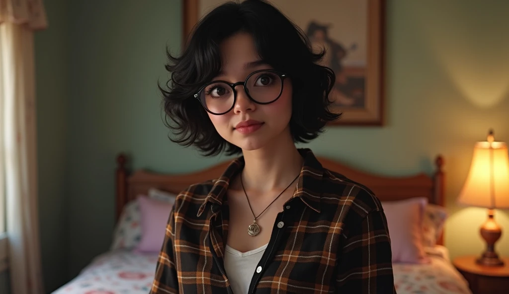 there is a woman sitting on a bed with a blue shirt, girl with glasses, with glasses, with glasses on, nerdy glasses, nerdy black girl super hero, girl wearing round glasses, mid shot portrait, she wears harry potter glasses, soft natural lighting, very nerdy, cute slightly nerdy smile, thick glasses, nerdy, slight nerdy smile, nerdy appearance