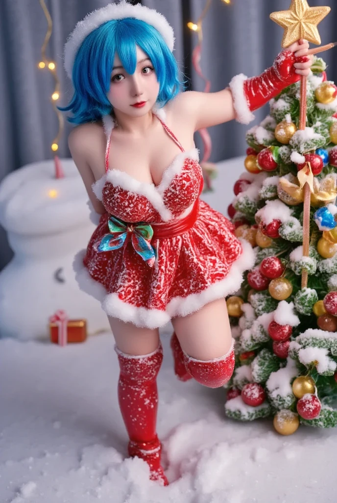 santagirl,A festive Christmas scene featuring a kawaii anime girl with blue ice-colored hair, surrounded by floating rime ice. She stands in a snowy landscape, holding a small Christmas gift. The scene is brightly lit with warm holiday lights, and she has a cheerful expression. The composition captures her elegant and playful pose amidst the floating ice. The background includes decorated Christmas trees and icy surroundings.