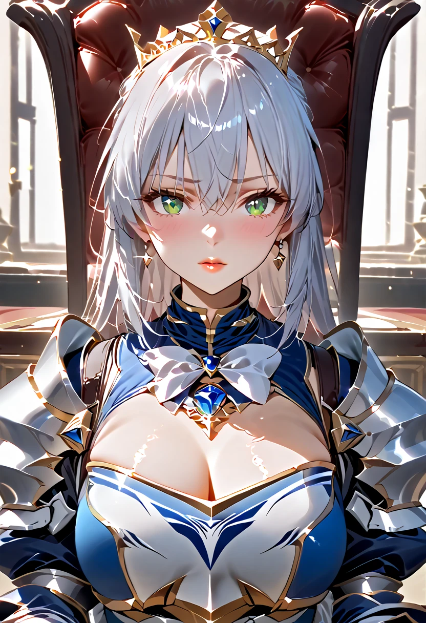 ((masterpiece)),  top quality ,  very detailed,( One Girl ),  Arthur Pendragon , Lancer Dress  ,  gloves, gem,  clevis on a stone,  princess,elbow  gloves, tiara ,brooch,white  gloves、 adult female 、thin、 very beautiful in a chair 、 beautiful faces、(((  blue and white armor that you want to be hugged right away 、breastplate、 shiny armor:1.2)))、 holding a bow、 gold earrings、White Hair,  green eyes,  pink lips、