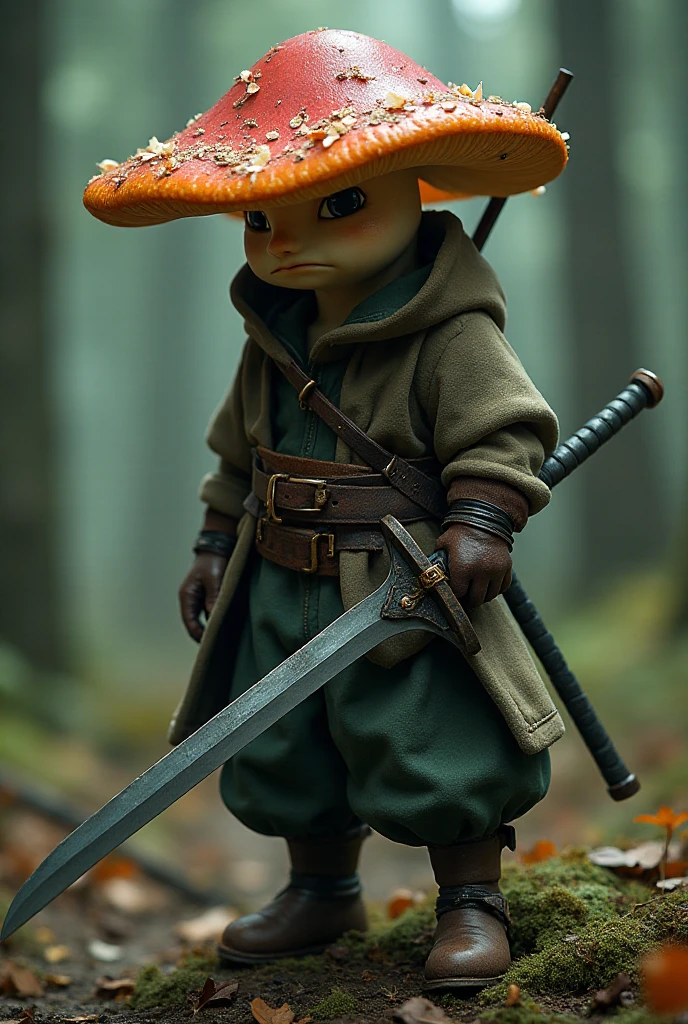 a full body photo shot of a beautiful and breathtaking image of a ((mushroom)) warrior wearing a fully clothed casual clothes with intricate details in the style of a swordsman, he is holding a long bioluminescent curved ((sword)). This full body image is a one of a kind unique highly detailed with 8k sharp focus quality masterpiece