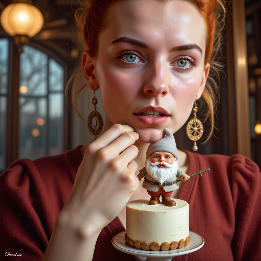 a woman  sucks a very little plastic gnome figurine that she is holding in her hand and that she has just removed from a Christmas cake,  she has half the figurine in her mouth,  the figurine represents a dwarf who looks very happy, he has eyes wide apart, the figurine still has cream on it