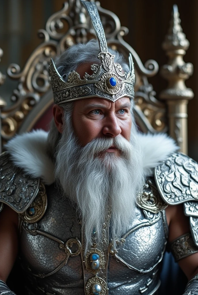 Realistic Photo of warrior viking king, wearing steel scale armor, white wolf fur coar, silver winged crown with sapphires, blue eyes, silver grey hair, short hair, silver grey long beard, squared jaw, rugged facial fratures, long face, intense intimidating gaze, thin nose, closeup, seating on a silver throne, on a Bizantine mediterranean throne room