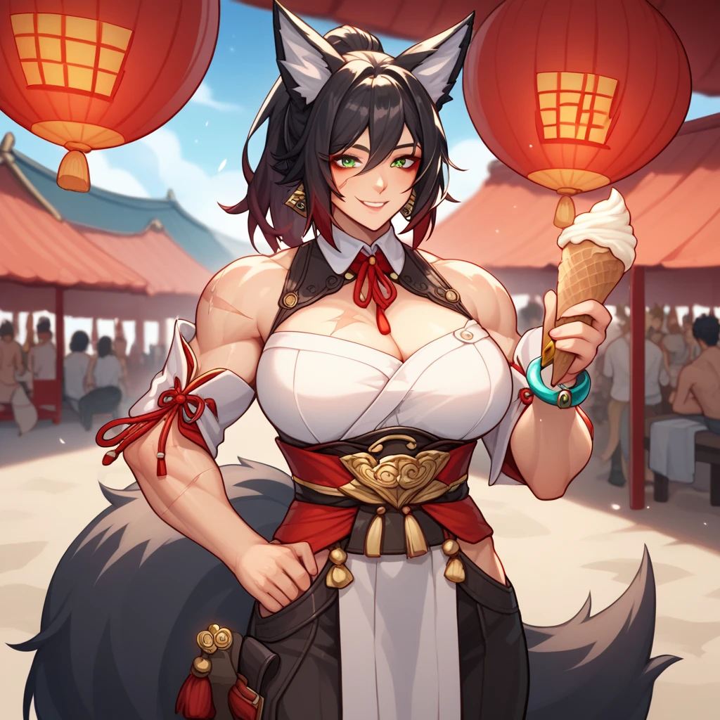 Large biceps, ( huge natural breasts)), (score_9, score_8_up, score_7_up, source_anime, tingyun, black hair, fox girl, fox tail, fox, fox ears, green eyes, kitsune, large breasts, animal ears, ponytail,, bracelet, detached collar, detached sleeves, jewelry,  pants, red tassel, tassel earring,((animal ears,fox ears)), solo, holster on the hips,,((night japanese festival)),muscular, ((smiling)),((scar on body)),holding an ice cream,