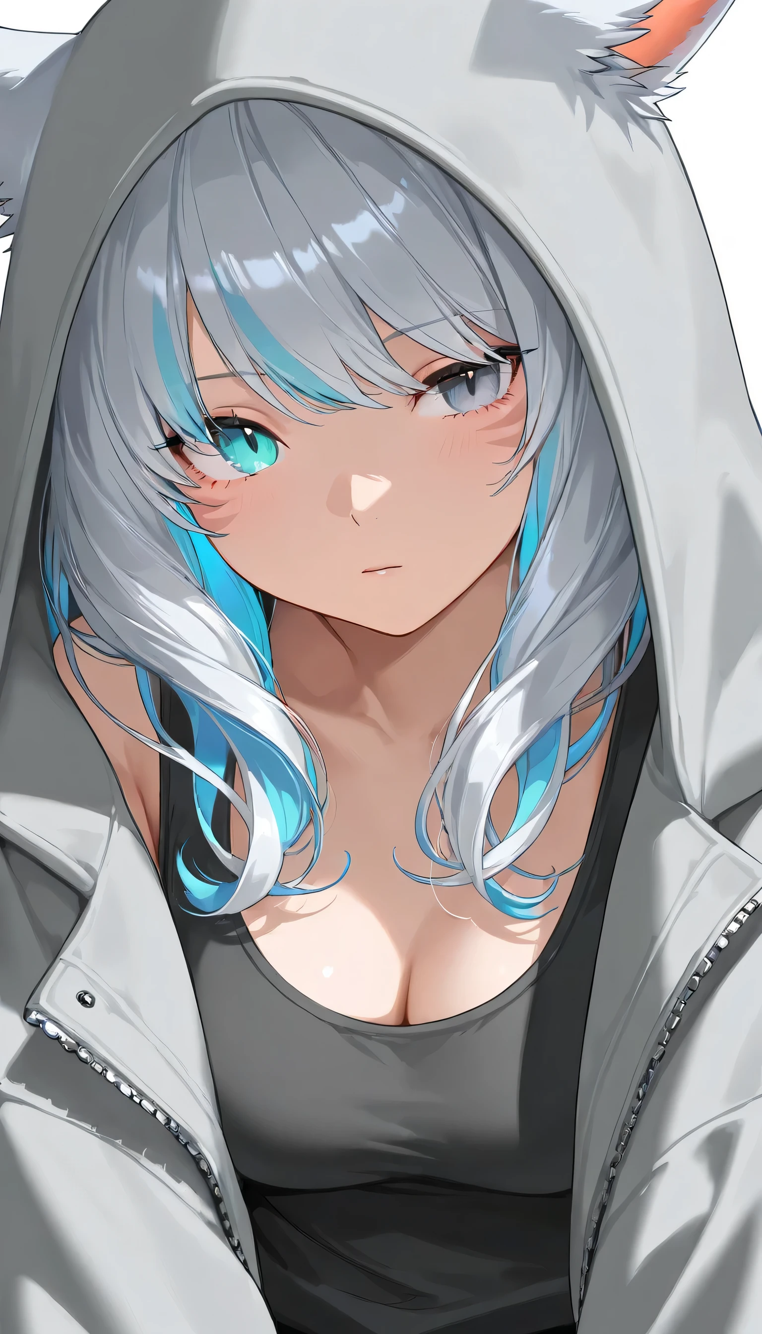 beste-Qualit、ultra precise、Onegirl、Cute little girl s、Cat's ears、childish、boyish、Cool、Beautiful eyes、Blue Eye、has silver hair、Teen girls、Smooth hair、ecstacy、enraptured、spellbinding、be smitten with audience、Naked Hoodie、Cleavage、Opened the front、Virtual YouTuber