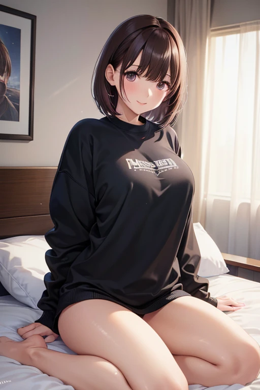 anegasaki nene、 shiny maroon hair,  short hair, ( brown pretty eyes 、 sparkling eyes , Fine grain)、smile、 super detailed eyes、 very detailed face,  very detailed eyes,cowboy shot、



(((masterpiece))),((( high res)))、(((8k)))、30 years old, ((( on the bed))), ((( Oversized Sweatshirt , Bottomless))),   embarrassing looks ,  camera , fine eyes ,  detailed texture with helmet in hand,  camera , whole body, big ,  Married Woman,  cool women, ((( high resの目))), 