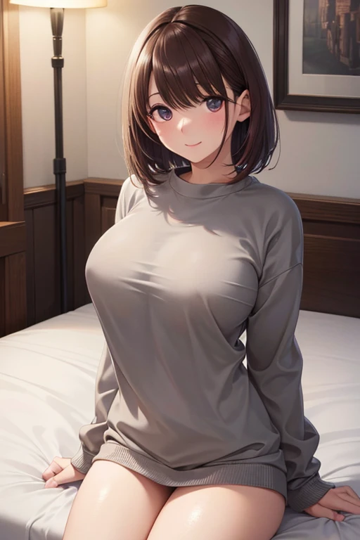 anegasaki nene、 shiny maroon hair,  short hair, ( brown pretty eyes 、 sparkling eyes , Fine grain)、smile、 super detailed eyes、 very detailed face,  very detailed eyes,cowboy shot、



(((masterpiece))),((( high res)))、(((8k)))、30 years old, ((( on the bed))), ((( Oversized Sweatshirt , Bottomless))),   embarrassing looks ,  camera , fine eyes ,  detailed texture with helmet in hand,  camera , whole body, big ,  Married Woman,  cool women, ((( high resの目))), 