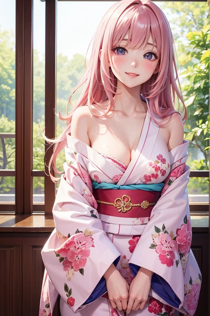 Best Quality,High resolution,8k,finelity detailed background,Masterpiece:1.2),beautiful girl,Shiny pink hair,messy hair,Pink eyes,Gentle look,A refreshing look,smile,Best quality,Best Quality,Aesthetic and aesthetic:1.2,Best details((Super detailed))(High-definition CG illustrations),kimono,yukata,Slender body,noon,garden,smile,blush,cute,Scrounge,Looking up,Being spoiled,super model