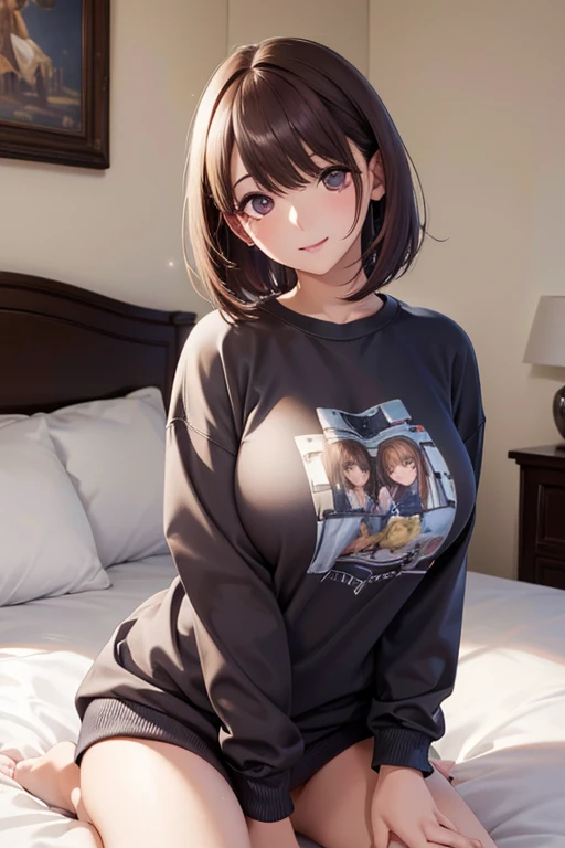 anegasaki nene、 shiny maroon hair,  short hair, ( brown pretty eyes 、 sparkling eyes , Fine grain)、smile、 super detailed eyes、 very detailed face,  very detailed eyes,cowboy shot、



(((masterpiece))),((( high res)))、(((8k)))、30 years old, ((( on the bed))), ((( Oversized Sweatshirt , Bottomless))),   embarrassing looks ,  camera , fine eyes ,  detailed texture with helmet in hand,  camera , whole body, big ,  Married Woman,  cool women, ((( high resの目))), 