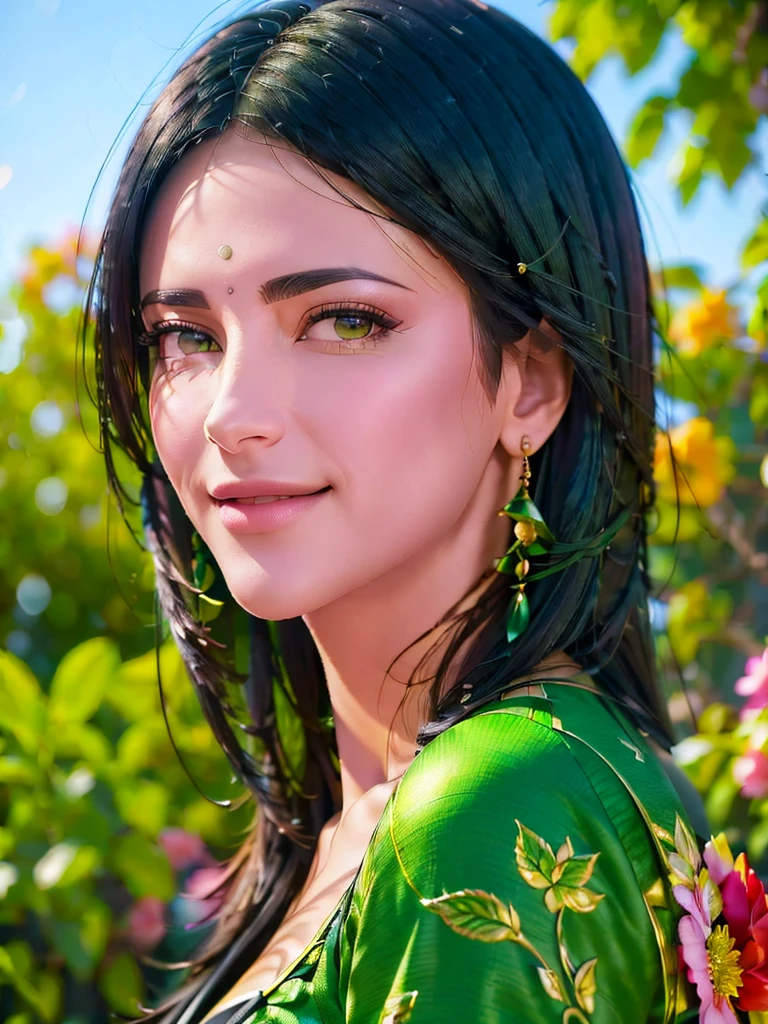 a gorgeous woman, wearing a black and green gorgeous outfit, smiling, black straight hair, portrait view, flower garden background, (best quality,4k,8k,highres,masterpiece:1.2),ultra-detailed,(realistic,photorealistic,photo-realistic:1.37),HDR,UHD,studio lighting,ultra-fine painting,sharp focus,physically-based rendering,extreme detail description,professional,vivid colors,bokeh,portrait