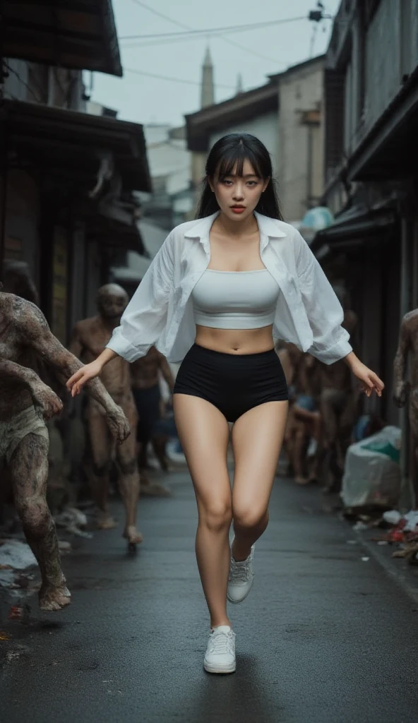 "Design a lifelike 2K image featuring a beautiful Korean woman with a perfect hourglass body, long legs, and one down pony tails black hair, mid-sprint in a slum overrun by chaos. She is dressed in an open oversized white blouse with rolled-up sleeves, revealing a fitted white crop tank top and black short training hotpants, complemented by sleek white sneakers. Her expression is filled with panic as she tries to outrun a horrifying group of zombies in shredded, grimy homeless attire. The environment is dark and eerie, with broken structures, scattered garbage, and a sinister atmosphere intensifying the sense of danger."