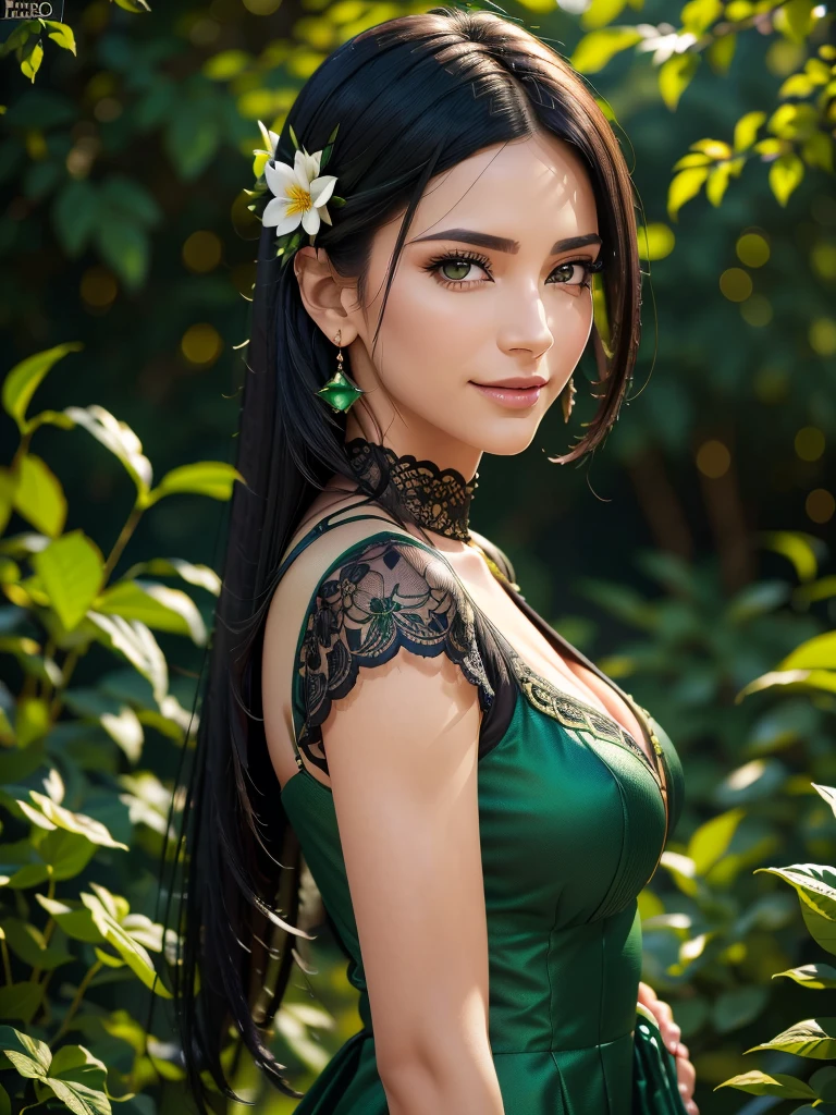 a gorgeous woman, wearing a black and green gorgeous outfit, smiling, black straight hair, portrait view, flower garden background, (best quality,4k,8k,highres,masterpiece:1.2),ultra-detailed,(realistic,photorealistic,photo-realistic:1.37),HDR,UHD,studio lighting,ultra-fine painting,sharp focus,physically-based rendering,extreme detail description,professional,vivid colors,bokeh,portrait