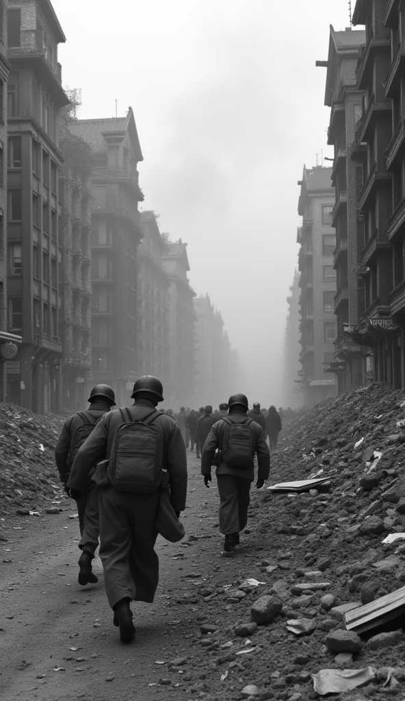 The war-torn streets of Berlin in 1945: crumbling buildings, scattered debris, and frightened civilians running for shelter while Soviet troops advance with determination. The atmosphere is grim and chaotic, with the city shrouded in gray smoke.