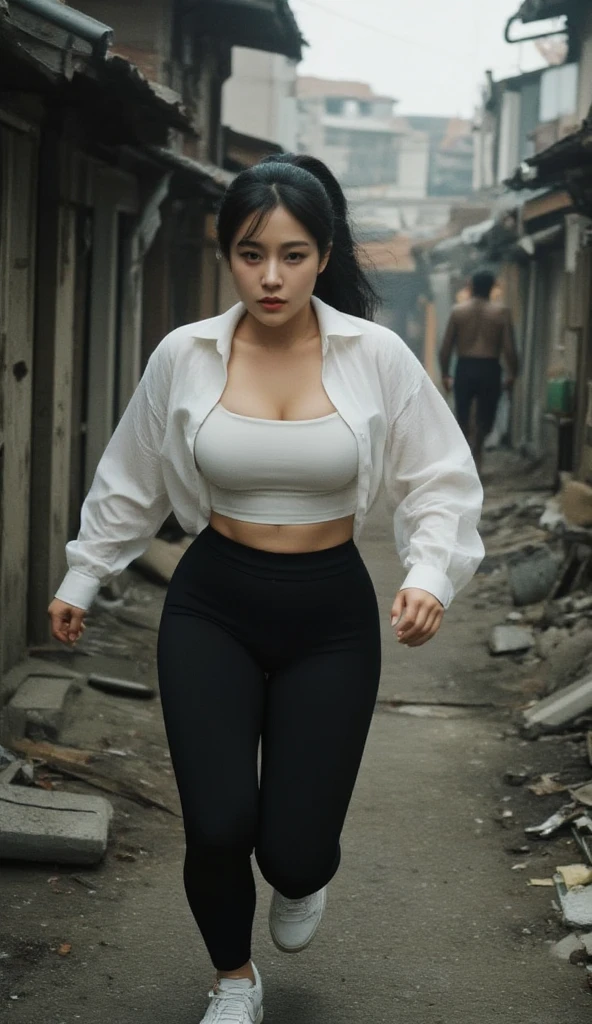 "A stunning Korean woman with an hourglass figure, long legs, and radiant white skin is captured mid-motion as she runs through a gritty slum area. Her sleek black hair is styled in a down ponytail that flows behind her as she moves. She wears an oversized white blouse with rolled-up sleeves, left unbuttoned to reveal a fitted white crop tank top, paired with black training hotpants and white sneakers. The slum is littered with debris, broken shacks, and dimly flickering lights. Her expression conveys fear and determination as she escapes from a horde of grotesque zombies, their decaying forms stumbling behind her in chaotic pursuit."