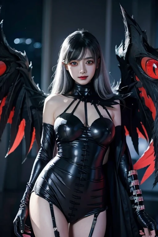 ladydevimon, wings,grey Hair, ((red eyes)),(((black Wings1.5))), bare face , fair skin, laugh,masterpiece, best quality, in detail,cute (big breasts), (split), whole body, Best image quality、masterpiece、8k、Anime Face、A kind smile、 beautiful body 、Cowboy Shot,sexy、Very detailed、highest quality, (((sexy cloth)))