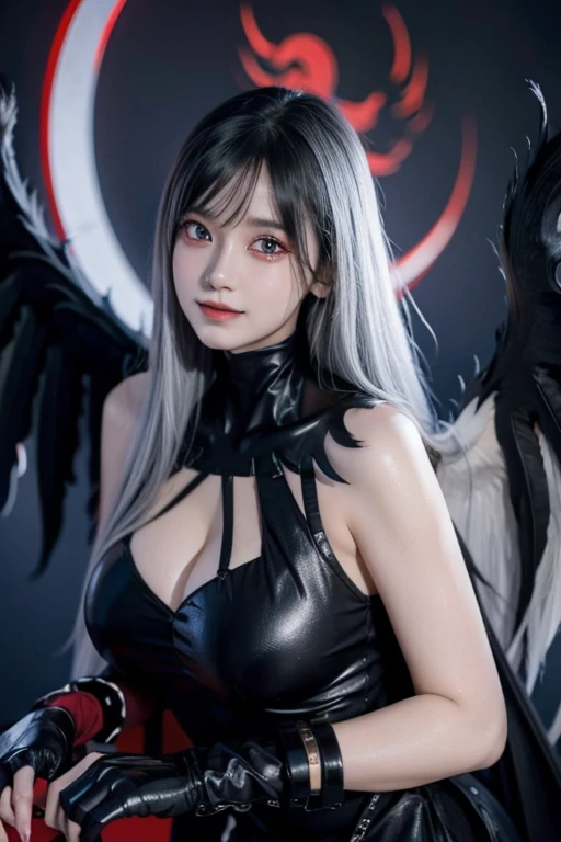 ladydevimon, wings,grey Hair, ((red eyes)),(((black Wings1.5))), bare face , fair skin, laugh,masterpiece, best quality, in detail,cute (big breasts), (split), whole body, Best image quality、masterpiece、8k、Anime Face、A kind smile、 beautiful body 、Cowboy Shot,sexy、Very detailed、highest quality, (((sexy cloth)))