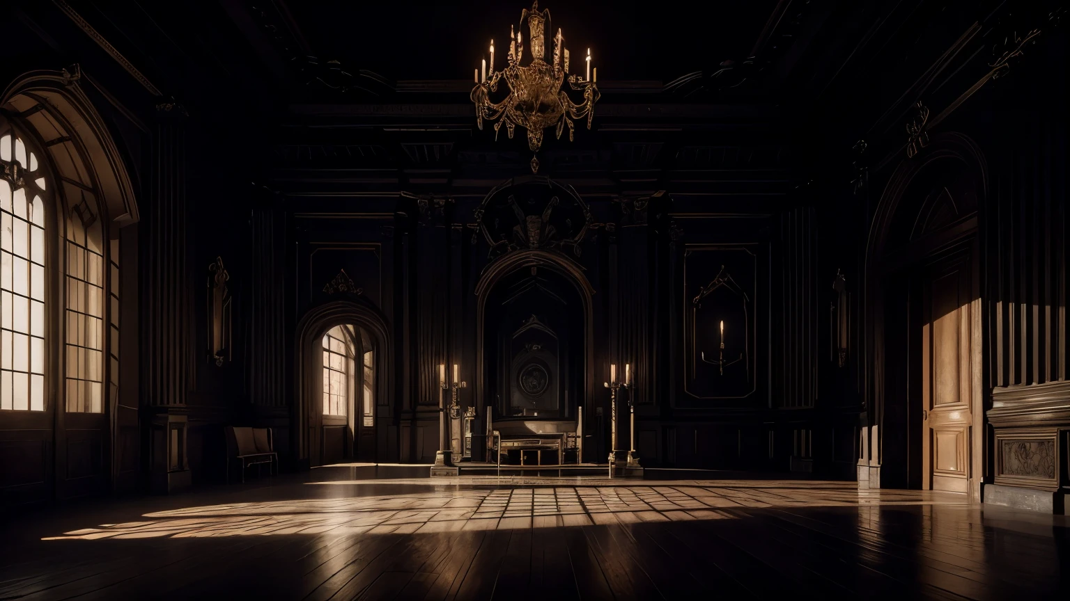 castle interior, dramatic lighting, dark color palette, moody atmosphere, cinematic composition, digital art, concept art, barefoot full body