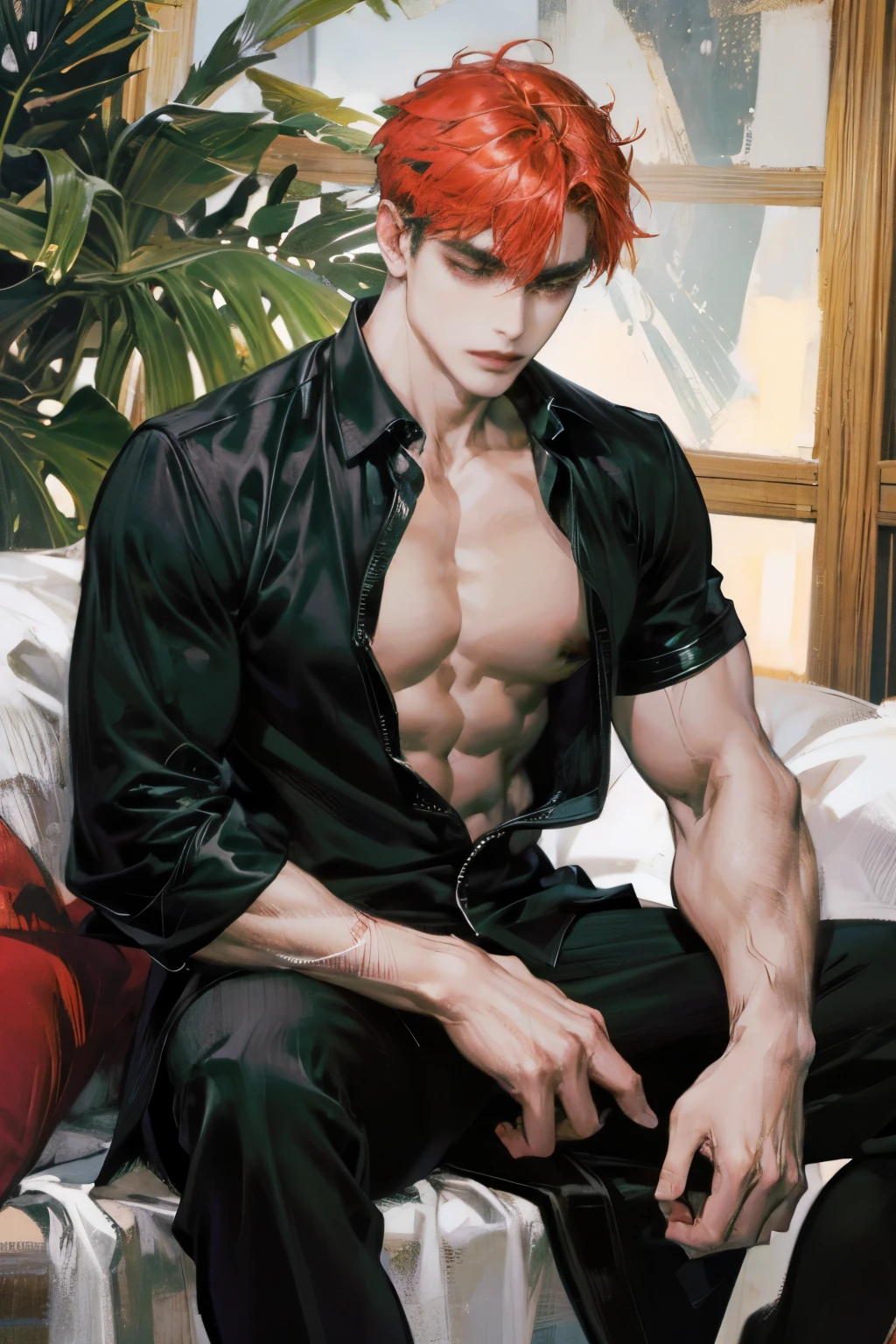 (hyper-realistic digital illustration), (perfect face:1.1), (high detail:1.1) like a renaissance sculpture, extremely handsome male wearing micro orange tiny g-string, mage long red robes, clean shaved, front view, lying on his back, holding legs raised, athletic body, (white skin), bare chest, flat chest,(long orange hair scruffy ), serene expression, small waist, muscular. best quality, high-resolution