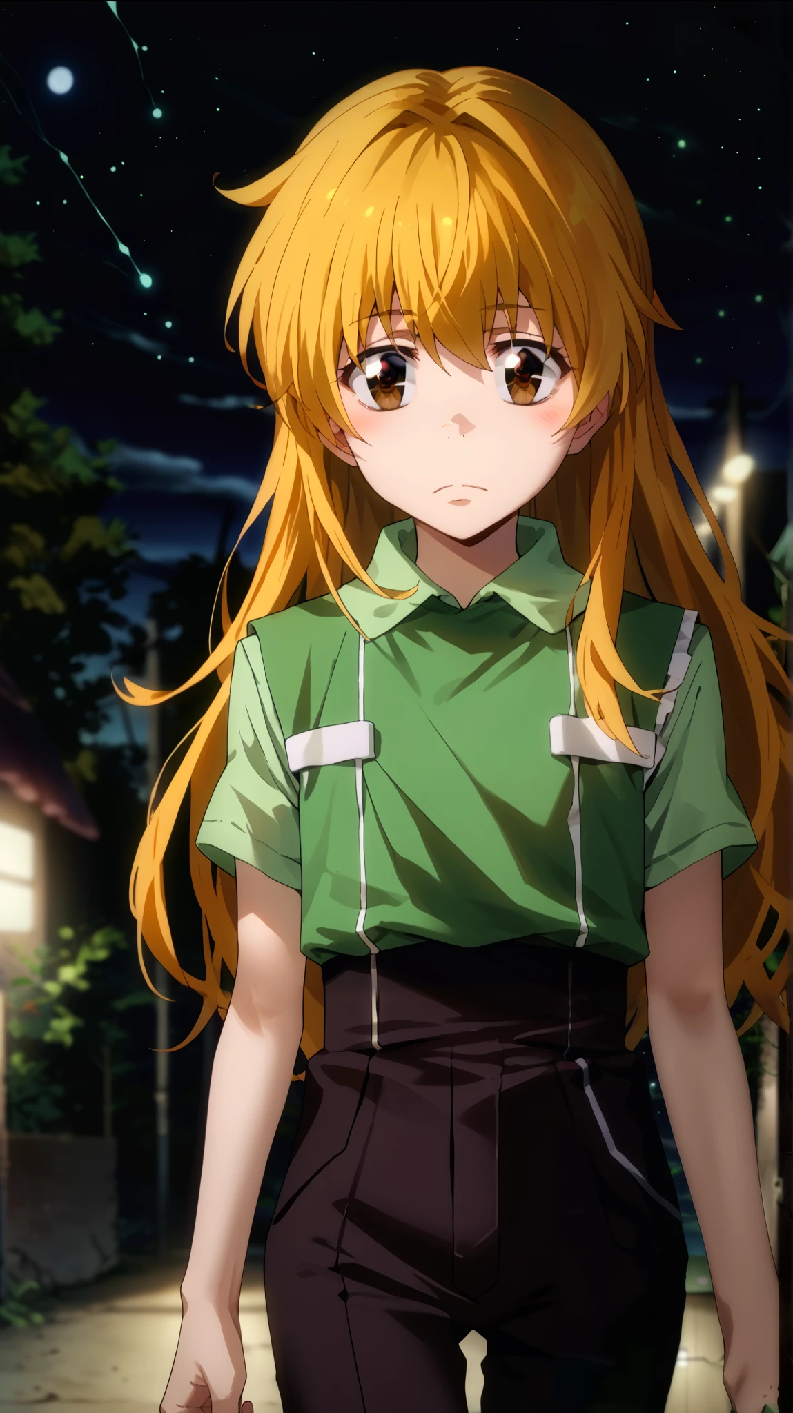  1 girl fights, solo. Красивая brown-eyed  девушка блондинка, (( brown eyes , brown-eyed )) (( very long yellow hair to the waist , bangs)),  Full-length girl ,  purple oversized t-shirt , green vest , high ,  thin waist, black shorts,  slender legs , skinny legs, high black thigh boots ,  long hair to the waist, in the anime style katekyo hitman reborn .
Night,  stars , moon,  against green electrical discharges , thunderstorm zippers ,  electrical discharges around clothes and skin,  smiles,  blush on the cheeks , red cheeks,  Sharp focus ,   soft lighting , ( very detailed face ), ( very detailed eyes ),   brown eye ,  Depth of field , ((  looks at viewer  ))1 girl, solo,  high definition