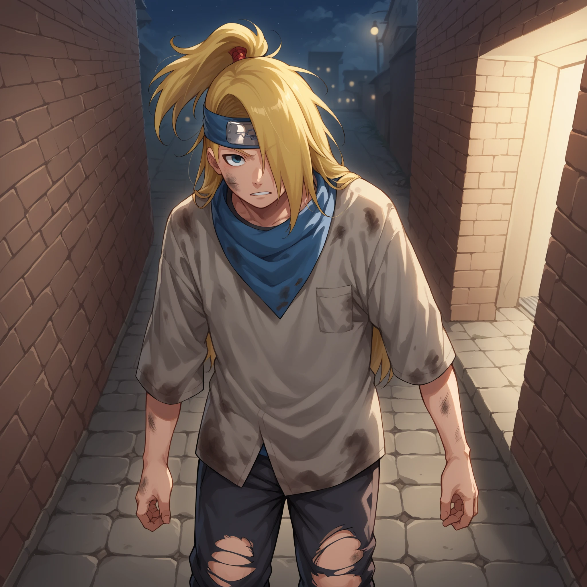 score_9, score_8_above, score_7_above, source_anime, 1 boy,  crossdresser, Alone, deidara,  extra mouth ,  mouth and hand  ,  hair over one eye ,   long hair, ponytail, headband, bandana,  Misaligned clothes ,  saia levantada,  messy hair , dirty clothes,  Torn clothes, (midnight), (( Time of Night )), dim light, alley, white,  dramatic angle