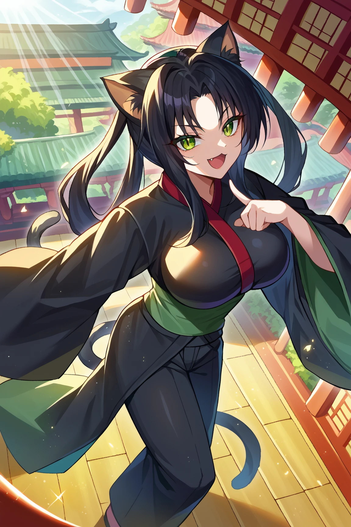  score_9,  score_8_above,   source  _anime BREAK solo , 1 girl,   Looking at the viewer, vaquero disparó, 
Kuroka still , green eyes, slit paboveils,  black hair,  long hair,  animal ears ,  animal ear fluff , cat tail,  cat ears ,  multiple queues, black Kimono, green Obi, diadema,  curvilinear ,  big breasts, naughty face, smile, :3,  open your mouth, fang,
 outdoor, Sunlight, sanctuary,  East Asian architecture,  light particles , dust, long pants