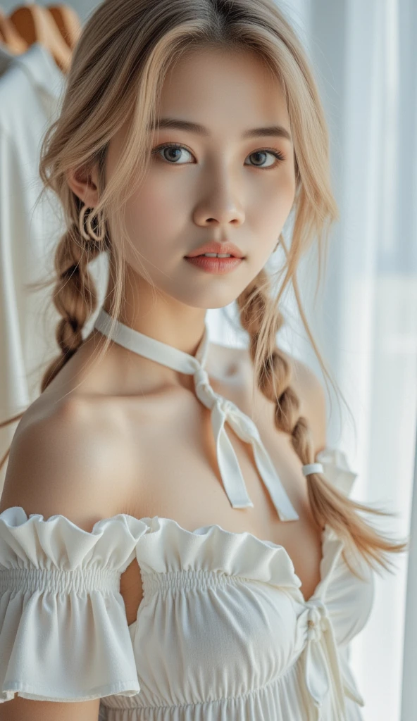 (best quality, masterpiece:1.2), ultra high res, realistic, front lighting, intricate detail, Exquisite details and textures, 1girl, solo ,(young), face highlight, upper body, detailed face, tear mole, white skin, silver hair, ponytail, braid hair, looking at viewer, big eyes, silk robe, (hollow pattern, white, silk), earrings, small breasts, slim body, luxury room, professional lighting, photon mapping, radiosity, physically-based rendering,