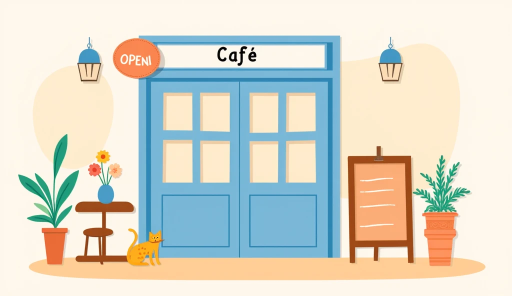 A charming and minimalistic illustration of a cozy café exterior with a light pastel color palette. The café features blue double doors with a 'Café' sign above and an 'Open' sign hanging on one side. The setting includes an outdoor seating area with a small round table, a single chair, and a vase with flowers. A wooden menu board with a handwritten look and a potted plant with colorful flowers are placed near the entrance. A cat sits next to the menu board, adding a whimsical and inviting touch. The art style is flat and hand-drawn, with soft outlines and a clean, 2D aesthetic, emphasizing a warm and welcoming atmosphere.