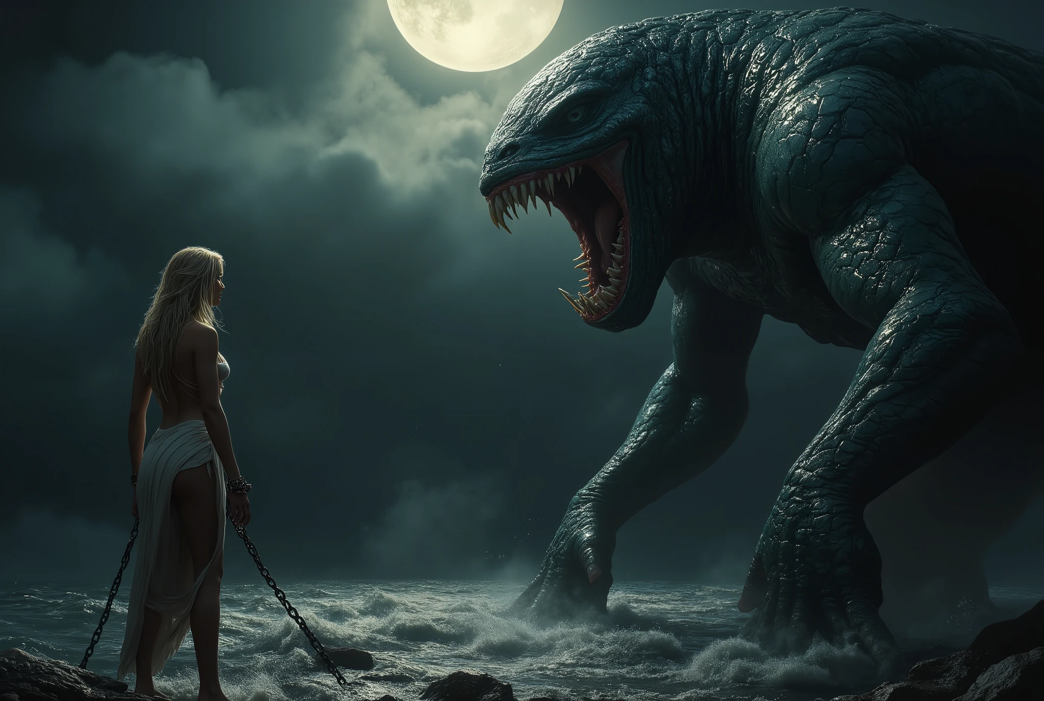 (Top Quality, 4k, 8k, Hi-Res, Masterpiece:1.2), (Super Detailed, Realistic, Photorealistic:1.37), Severe Situation:1.1, (A blonde, blue-eyed beautiful girl with her hands and feet tied to a quay, her hands and feet tied to a quay. Naked Princess Andromeda writhing unable to break free:1.6), in the distance the upper body of a giant man-eating monster, the Kraken, emerging from the ocean in the background, life-threatening scene, Medium: Illustration, Detailed illustration, Digital illustration, Strong shading, Strong textures: 1.1 Additional details : Creepy atmosphere, eerie clouds, dark lighting, murky water, heavy locked chains, desperate expression of the princess, eyes full of fear, bare feet covered in scars, bloody wounds on the princess's body , muscles rippling on the monster's upper body, scales glowing in the sunlight on the monster's body Artistic style: dark fantasy, frightening, mythical creature, dramatic composition Tonal tone: spooky, red and blue Lighting hints: scene The eerie moonlight casts haunting shadows, the spotlight shines on the princess and the monster. (NSFW:1.4)