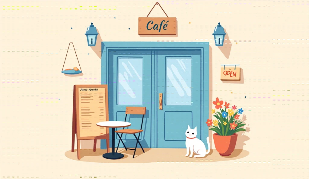 A charming and minimalistic illustration of a cozy café exterior with a light pastel color palette. The café features blue double doors with a 'Café' sign above and an 'Open' sign hanging on one side. The setting includes an outdoor seating area with a small round table, a single chair, and a vase with flowers. A wooden menu board with a handwritten look and a potted plant with colorful flowers are placed near the entrance. A cat sits next to the menu board, adding a whimsical and inviting touch. The art style is flat and hand-drawn, with soft outlines and a clean, 2D aesthetic, emphasizing a warm and welcoming atmosphere.