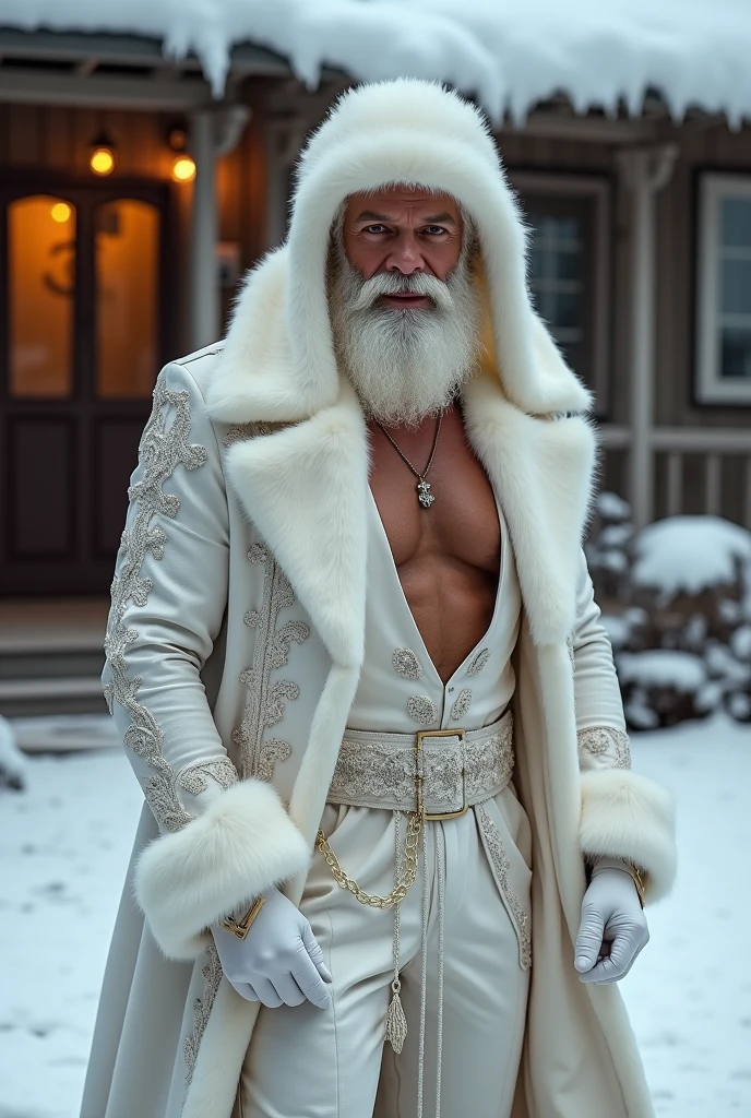 elderly eskimo warrior king with polar bear ears on his head with gray hair and big mustaches handlebars super heavy bodybuilder flexing his muscles A shirtless bodybuilder A full body obese bodybuilder with a very sweaty body An extremely muscular and extremely fat old man over 70 years old weighing over 600 pounds Very muscular and very hairy with large, flaccid pecs with dark nipples and gynecomastia in a very snowy arctic boreal landscape wearing a huge white fur cape and a white fur skirt.