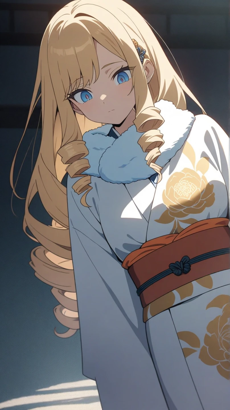 ultra-detailed, detailed face, Solo, a woman, blonde, long hair, drill hair, drill sidelocks, blue eyes, slant eyes, narrow eyes, white fur scarf, A kimono based on white with a Red and gold Peony flower pattern, Japanese hairpin, walking, Japanese Shrine grounds background, Anime style, masterpiece, best quality, detailed, mystical atmosphere, pastel academia, soft-edged, soft surface, simple line drawing, bloom, moody lighting, underlighting, sharp shadows, fast shutter speed, 2D Anime, dutch angle, closeup shot, 135mm, F4.0, SONY FE GM, upper body, best hand 