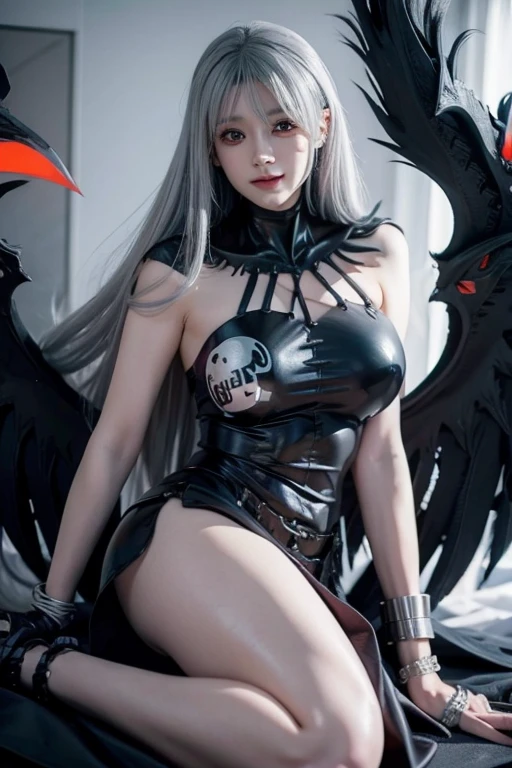 ladydevimon, wings,(((grey Hair1.5))), ((red eyes)),(((black Wings1.5))), bare face , fair skin, laugh,masterpiece, best quality, in detail,cute (big breasts), (split), whole body, Best image quality、masterpiece、8k、Anime Face、A kind smile、 beautiful body 、Cowboy Shot,sexy、Very detailed、highest quality, (((sexy cloth)))