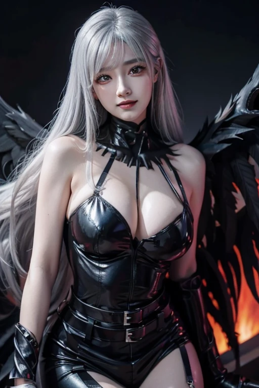 In a masterful display of artistic prowess, Lucifer from Helltaker emerges as the focal point of a hyper-realistic 8K human portrait. Clad in a formal suit featuring a striking red shirt, black pants, and a matching black necktie, she commands attention with her serene expression and captivating smile, her gaze fixed directly upon the viewer. She has the face of ((https://images.fineartamerica.com/images/artworkimages/mediumlarge/3/1-gorgeous-blonde-with-big-breasts-mihai-b.jpg)). Her eyes, almond-shaped and bewitching, mesmerize with their striking red crimson irises, framed by gracefully arched eyebrows and thick, voluminous lashes that curl upwards. Luxuriant waves of light-white hair cascade around her, catching the light in subtle platinum highlights, while her smooth, porcelain-like skin radiates a subtle glow, suggesting vitality and allure, an elegant mix of botanical and geometric patterns that enhance her already captivating presence. Her attire, a black dress and a choker around her neck, serves to underscore her beauty and sophistication. Standing tall and confident, Lucifer possesses very large bosoms, fitting into an I-sized cup, (mature female, milf:1.3). Rendered with meticulous attention to detail and realism, this portrait captures every nuance of Lucifer's appearance, from the delicate contours of her face to the subtle textures of her clothing and skin. Set against a deep matte black background, she stands as a timeless symbol of beauty and allure, her dynamic pose and perfect anatomy drawing the viewer into her world. This high-resolution masterpiece transcends mere artistry, offering a glimpse into the depths of Lucifer's character and personality. With its cinematic composition and meticulous attention to detail, a true masterpiece in every sense of the world. full body. large breasts, heavy makeup, detailed Tokyo street , smile, white hair, blush, eyeliner, white lips. tight waist (45 cm). She has an european (dutch race) like face.