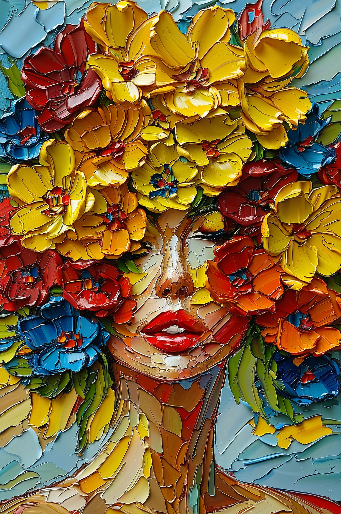 A vibrant and textured painting of a woman's face partially obscured by a burst of colorful flowers. The woman's lips are prominently painted in a deep shade of red. The flowers, primarily in shades of yellow, blue, and red, are depicted with thick, impasto brush strokes, giving them a three-dimensional appearance. The background consists of abstract blue and white strokes, which contrast with the vividness of the flowers and the woman's face.