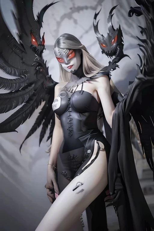 ladydevimon, wings,(((grey Hair1.5))), ((red eyes)),(((black Wings1.5))), bare face , fair skin, laugh,masterpiece, best quality, in detail,cute (big breasts), (split), whole body, Best image quality、masterpiece、8k、Anime Face、A kind smile、 beautiful body 、Cowboy Shot,sexy、Very detailed、highest quality, (((sexy cloth)))