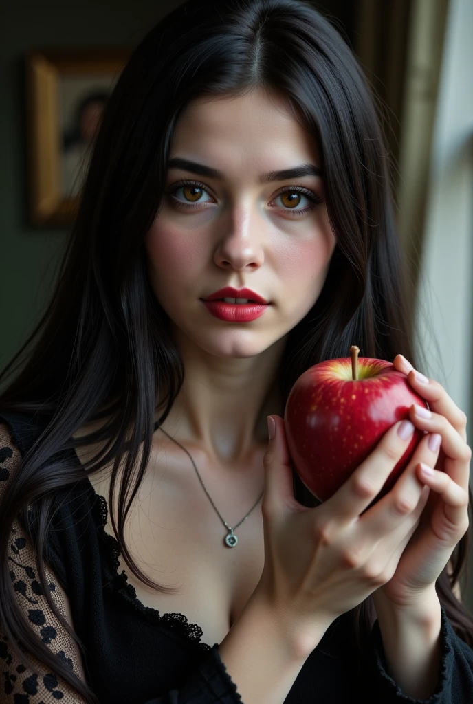 ((RAW Photo), absurd, (absurdresolution)), masterpiece, best quality, (Extremely detailed 8k unity CG wallpaper), (best illustration), (best shadow), Realistic lighting, beautiful detailed glow, ((21 years old)), girl, long black hair, black queen, accessories, apple in hand, poisoned apples, witch queen, red lipstick, (((Photographic Perspective of her)))