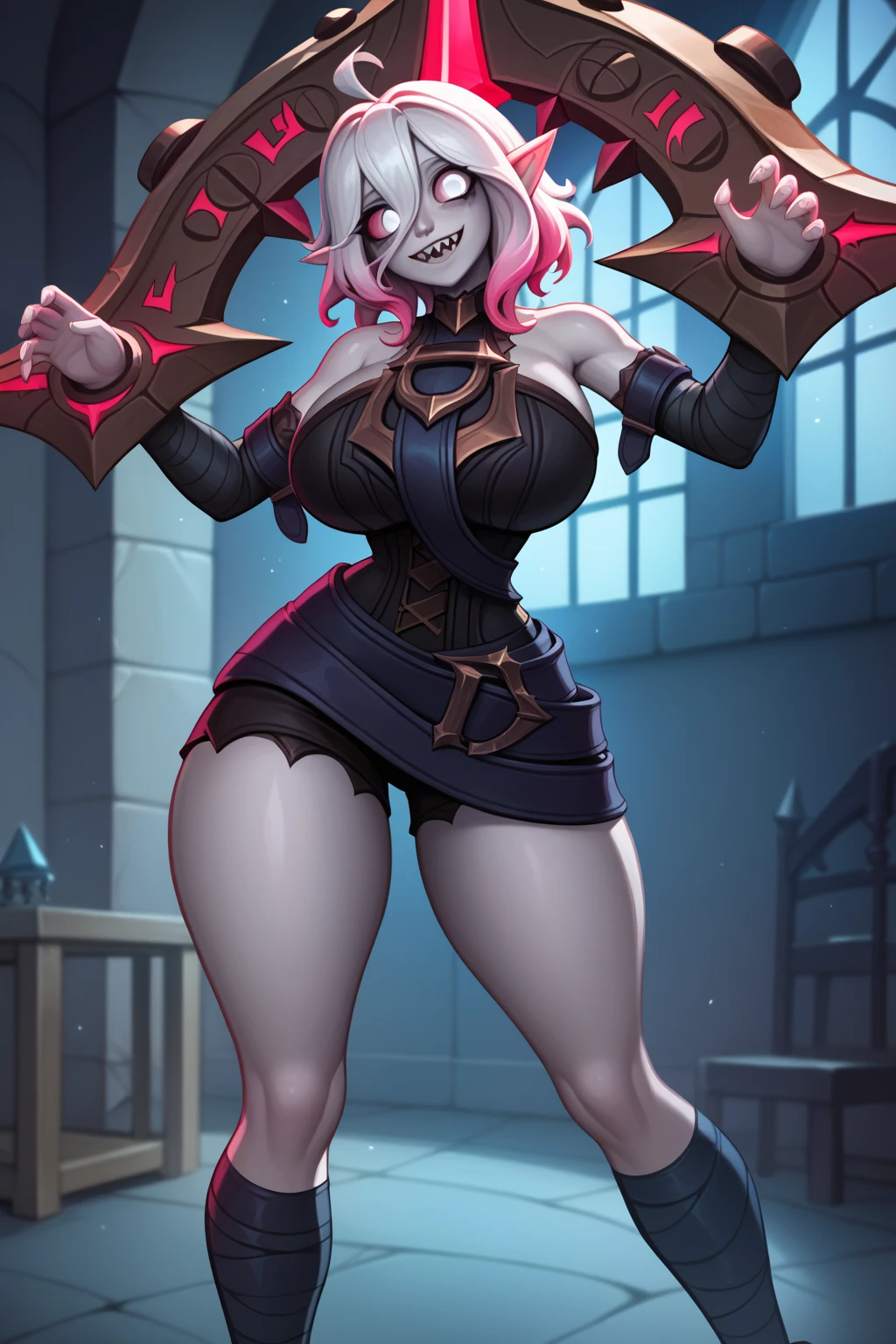 score_9, score_8_up, score_7_up, 1girl, Briar from League of Legends, White Eyes, Colored Sclera, White Hair, Gradient Hair, Short Hair, Hair Between Eyes, Ahoge, Pointy Ears, Sharp Teeth, Gray Skin, Shackles, Bare shoulders, Detached Sleeves, Bandaged Legs, Grinning, Teeth Smile, Standing, Indoors, Dark Castle, Huge Breasts, Huge Breasts, Massive Breasts, Wide Hips, Thin Waist, Very Thin Waist, Wasp Waist, Solo, Aerial View, Smiling, (cartoon-style bold line work:1.2), vibrant colors, cel shading, Simplistic Art Style, looking at viewer, solo 