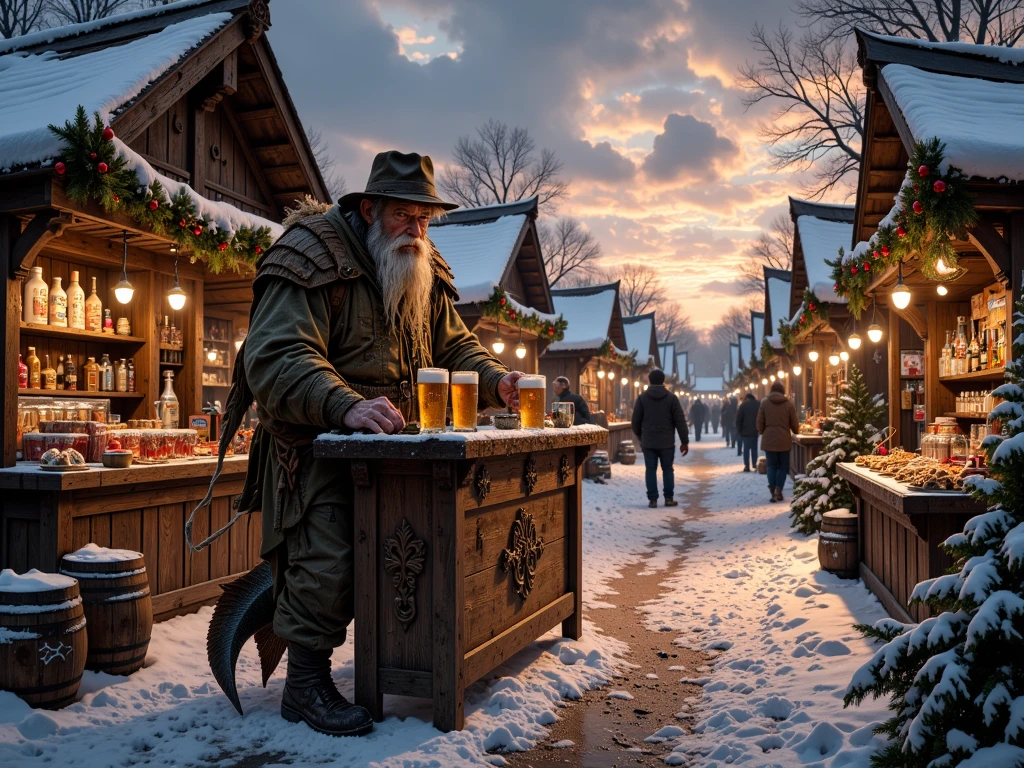 A photorealistic depiction of a Water Spirit selling beer at a snowy Christmas market. The Water Spirit is an old man with a long beard and hair covered in seaweed and mud. He has pale, damp skin and deep, piercing eyes. He wears old, worn-out clothes stained with mud, an old hat, and a fish tail instead of his lower body. A snowy Christmas market surrounded by wooden stalls and tents, decorated with garlands, lights, and Christmas decorations, creating a festive atmosphere. In front of the Water Spirit is a wooden table with barrels of beer and mugs. Nearby are other vendors selling various goods, such as gingerbread, toys, and decorations. A light haze surrounds the Water Spirit, giving a sense of magic and mystery. The sky above the market is painted in sunset tones, adding warmth and coziness to the scene. People in winter clothes choose goods and enjoy the festive atmosphere. Trees and bushes hung with garlands contrast with the natural and festive elements.