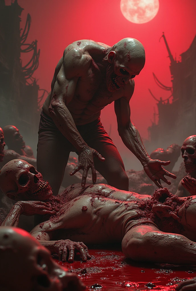 suffering from pain, covered in blood, a knife in the heart