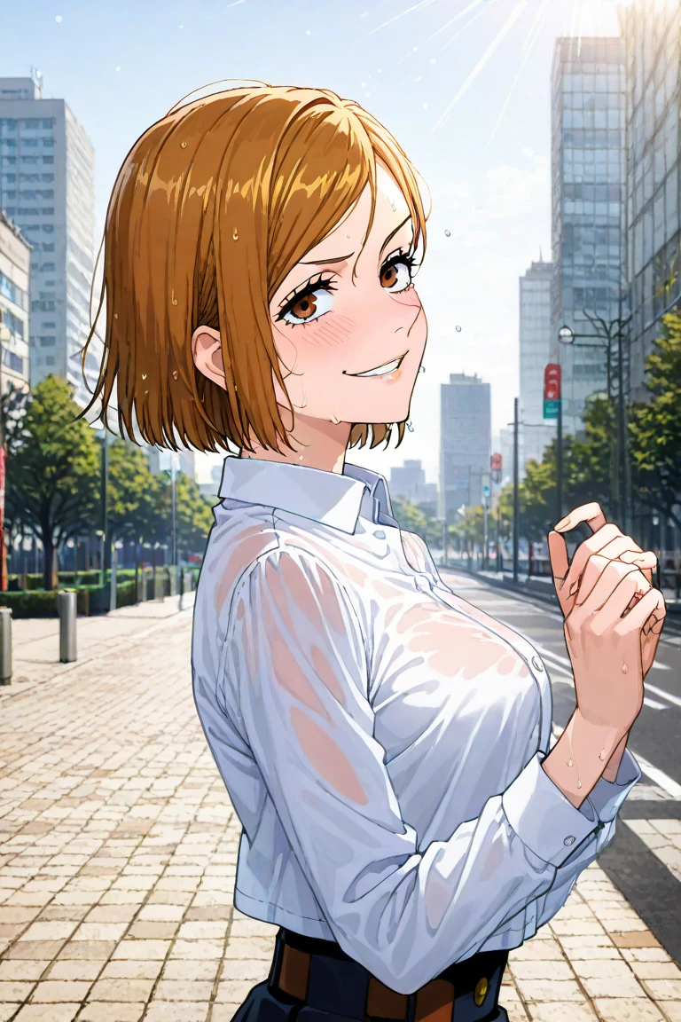 score_9, score_8_up, score_7_up, masterpiece, best quality, absurdres, highres, detailed background, 1girl, solo, kugisaki nobara, upper body, outdoors, sunlight, looking at viewer, white collared shirt, long sleeves, hands up, from side, looking up, smirking, blushing, soaked clothes, visible underwear, city park background, morning