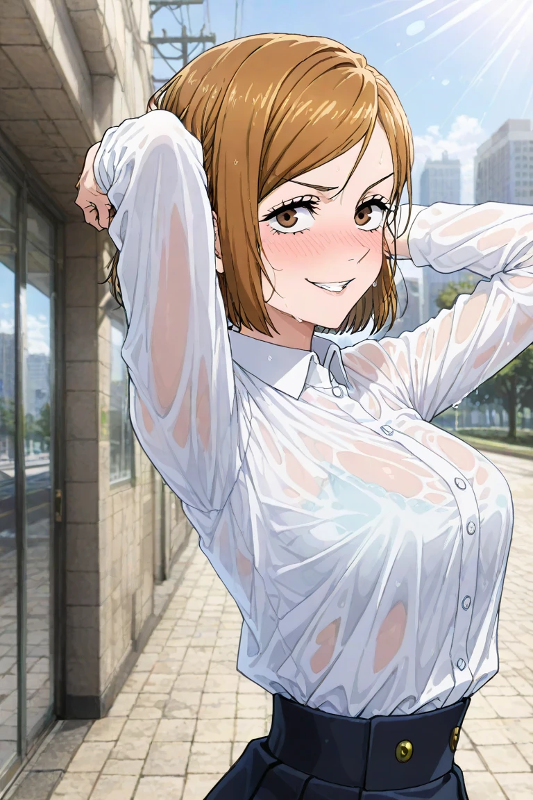 score_9, score_8_up, score_7_up, masterpiece, best quality, absurdres, highres, detailed background, 1girl, solo, kugisaki nobara, upper body, outdoors, sunlight, looking at viewer, white collared shirt, long sleeves, hands up, hands behind head, from side, looking up, smirking, blushing, soaked clothes, visible underwear, city park background, morning