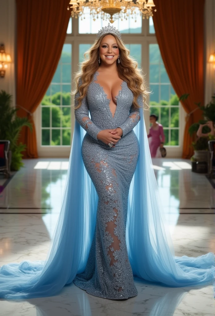 Beyonce wearing long tight v-neckline bright blue dress and smiling
