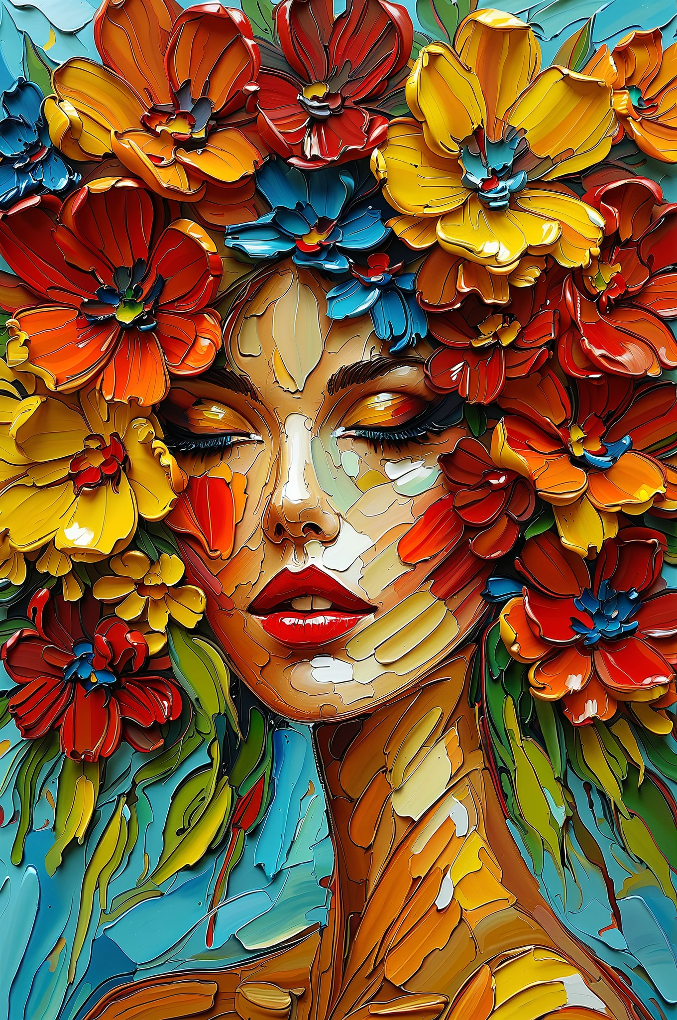 A vibrant and textured painting of a woman's face partially obscured by a burst of colorful flowers. The woman's lips are prominently painted in a deep shade of red. The flowers, primarily in shades of yellow, blue, and red, are depicted with thick, impasto brush strokes, giving them a three-dimensional appearance. The background consists of abstract blue and white strokes, which contrast with the vividness of the flowers and the woman's face.