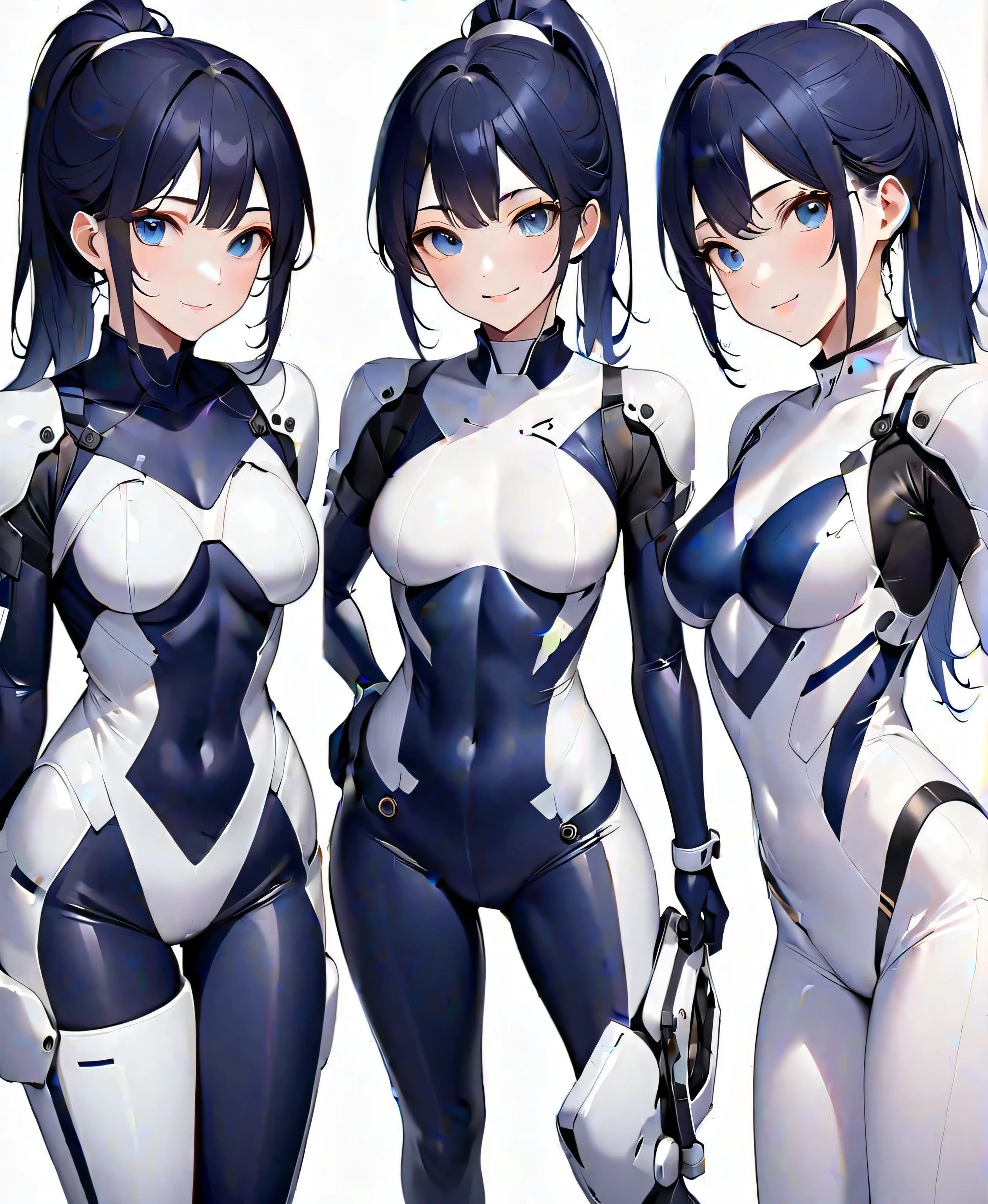 (((High resolution))), (((Very detailedな))), (((Three Girls:1.3))),((7Head to Body:1.3))、 (((Midday Blue Background)))、(((Cute face:1.3))), (((smile:1.5)))、(((Beautiful and detailed eyes:1.3))), (((Very detailed))), (((Details face:1.5))), break , ,sunny, ,((Black GANTZ suit:1.4)),((Very delicate body))、((Very flat chest))、((Small waist))、((thigh gap:1.5))、Friendly atmosphere,((from side))、Normal limbs、