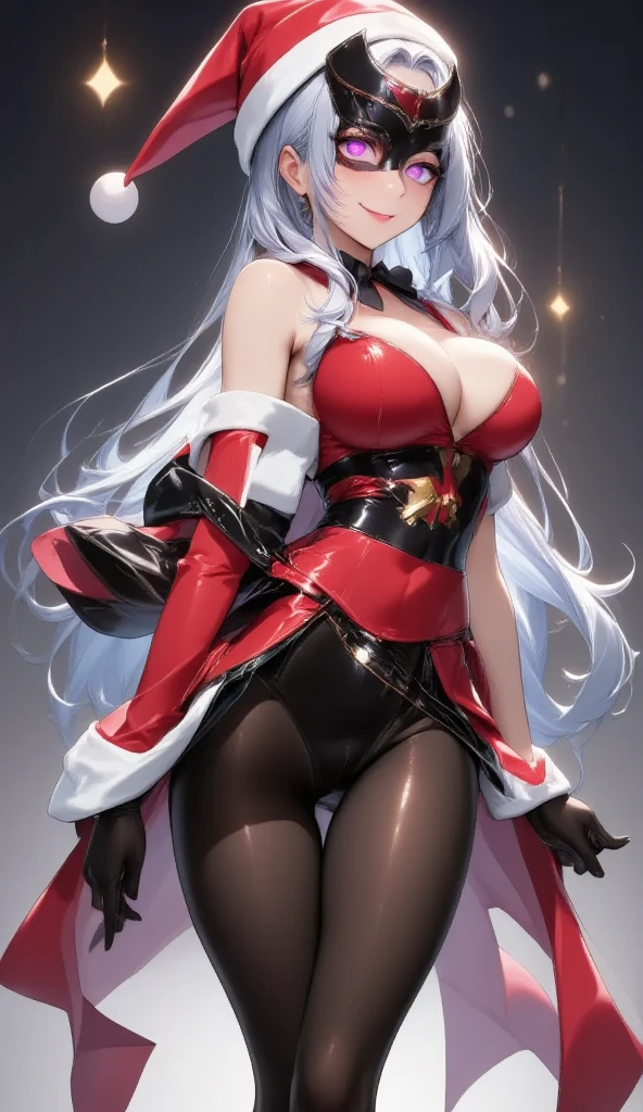  1 mature beautiful woman ,(masterpiece:1.3, top quality :1.3, very detailed depiction:1.3, incredible high definition:1.3,High quality anime drawings),(The Enchanting Thief:1.3),( sexy Santa Claus costume, Santa Claus hat ,His eyes are covered with a black Venetian mask:1.3,latex, luxury accessories , black tights, boots),(Glowing purple eyes, half-closed eyes:1.3, Crazy Eyes , big breasts, bewitching smile,Glossy lips, flashy makeup, eyeshadow,Seductive gestures,Beautiful legs, healthy legs,Curvaceous Body,High quality skin),Full body images:2.0,