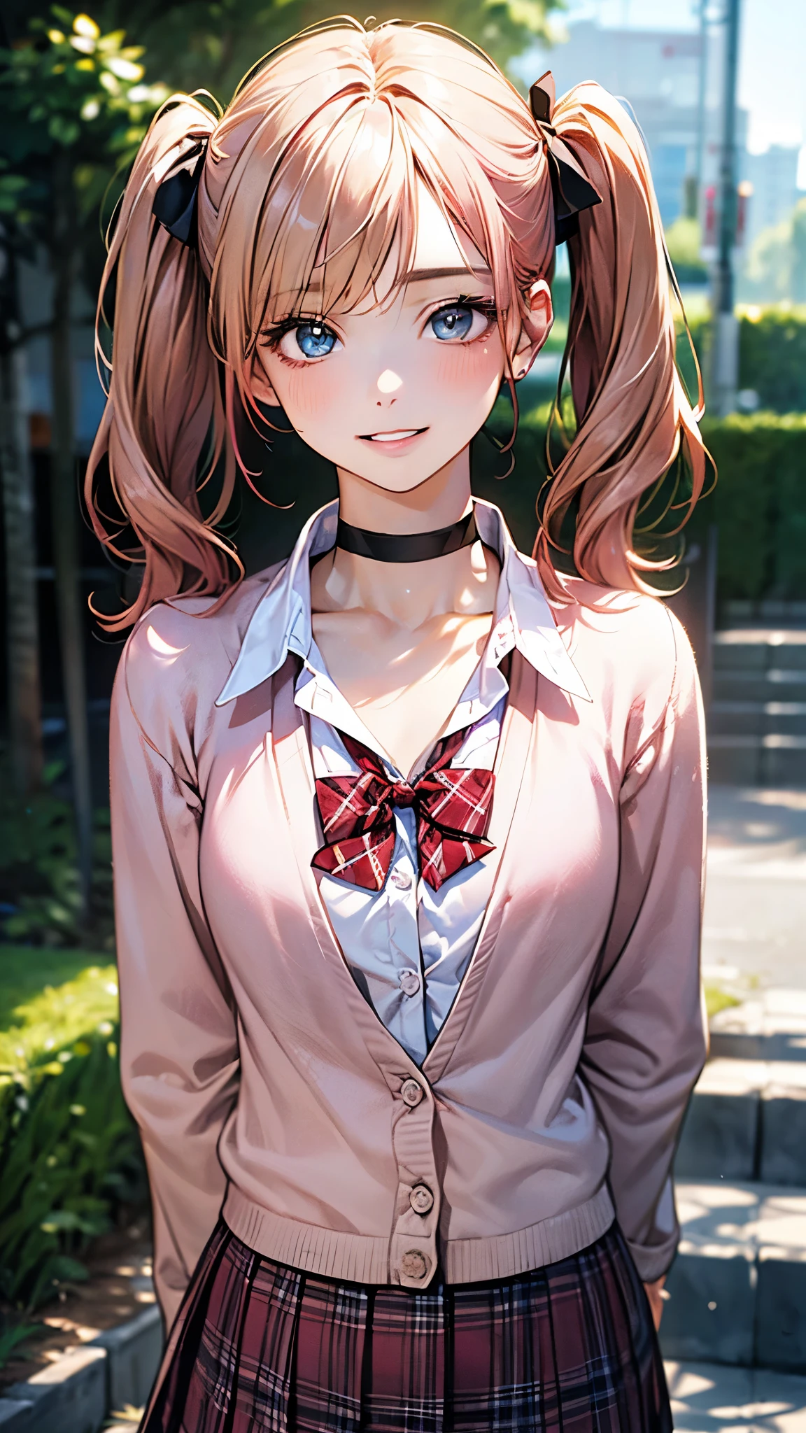 ((Highest quality, High resolution, masterpiece, detailed)),
Cowboy Shot, Written boundary depth, View your audience, Anatomically correct, 1people, female, Perfect Face, Cute and symmetrical face, Shiny skin,
(Medium Hair, Blonde), Chestnut brown eyes, Long eyelashes, (Large Breasts:0.8),
Beautiful details, Beautiful Hair, Beautiful Face, Beautiful clavicle, Beautiful body, Beautiful breasts, Beautiful thighs, Beautiful feet,
(Collared shirt, Navy blue short pleated skirt, Red bow tie, necklace, panties),
(Beautiful views), evening, walk, Tree-lined street, (smile, Naughty face, Part your lips), Skirt Lift,