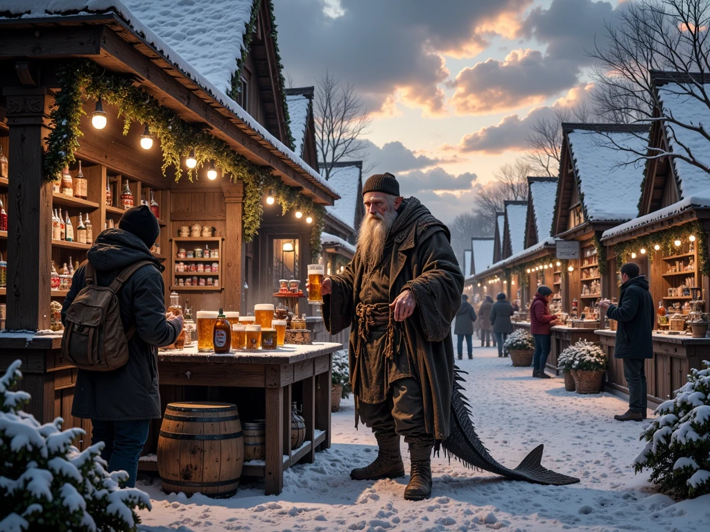 A photorealistic depiction of a Water Spirit selling beer at a snowy Christmas market. The Water Spirit is an old man with a long beard and hair covered in seaweed and mud. He has pale, damp skin and deep, piercing eyes. He wears old, worn-out clothes stained with mud, an old hat, and a fish tail instead of his lower body. A snowy Christmas market surrounded by wooden stalls and tents, decorated with garlands, lights, and Christmas decorations, creating a festive atmosphere. In front of the Water Spirit is a wooden table with barrels of beer and mugs. Nearby are other vendors selling various goods, such as gingerbread, toys, and decorations. A light haze surrounds the Water Spirit, giving a sense of magic and mystery. The sky above the market is painted in sunset tones, adding warmth and coziness to the scene. People in winter clothes choose goods and enjoy the festive atmosphere. Trees and bushes hung with garlands contrast with the natural and festive elements.